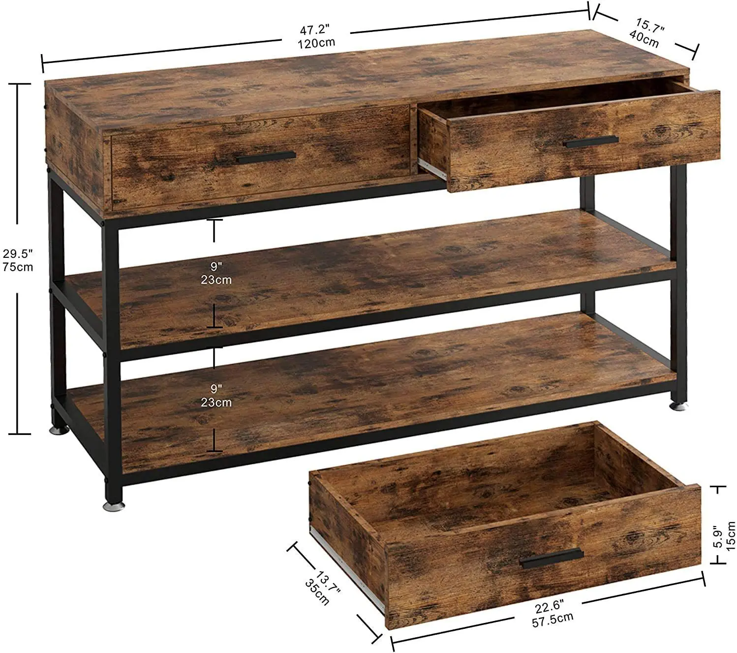 American vintage shelving Entry control table Industrial sofa table with 2 storage drawers floor-to-ceiling bookcase