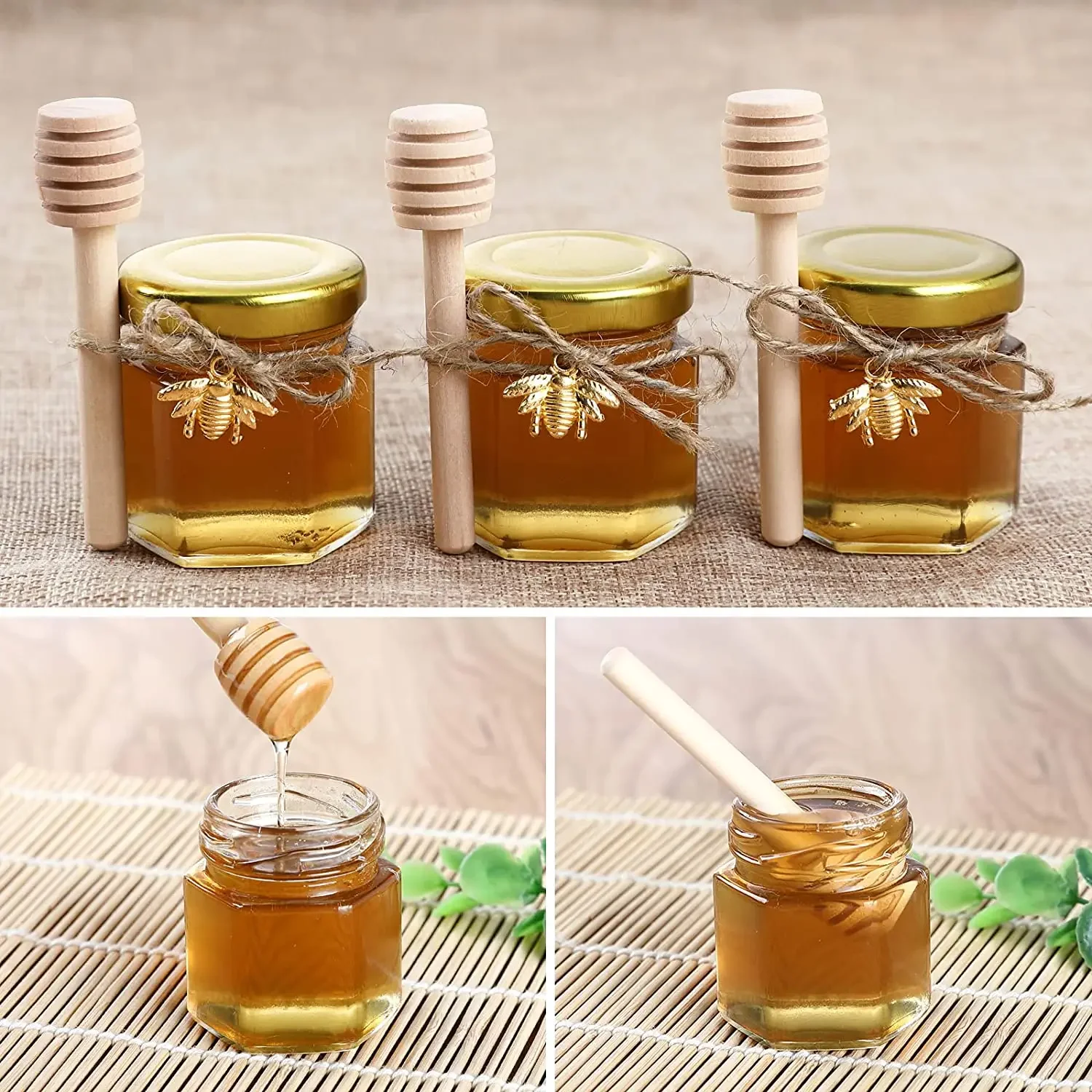 30PCS 1.5/2OZ Honey Glass Hexagonal Party Favors Empty Bee Pendants Gold Lid Mini Hexagons Glass Honey Jar With Wooden Dipper