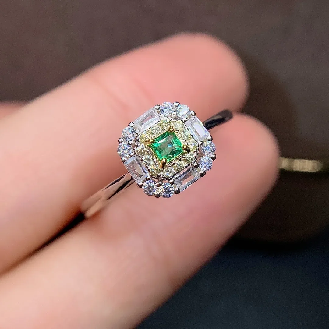 Natural Emerald Ring 3*3mm925 Sterling Silver Seiko Set Luxury Jewelry Designer