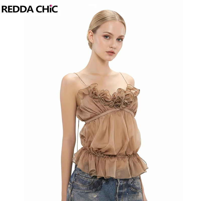 

REDDACHiC Романтическая женская майка с рюшами, многослойная, прозрачная, без рукавов, корсетная, из шифона, с оборками, модная винтажная летняя одежда