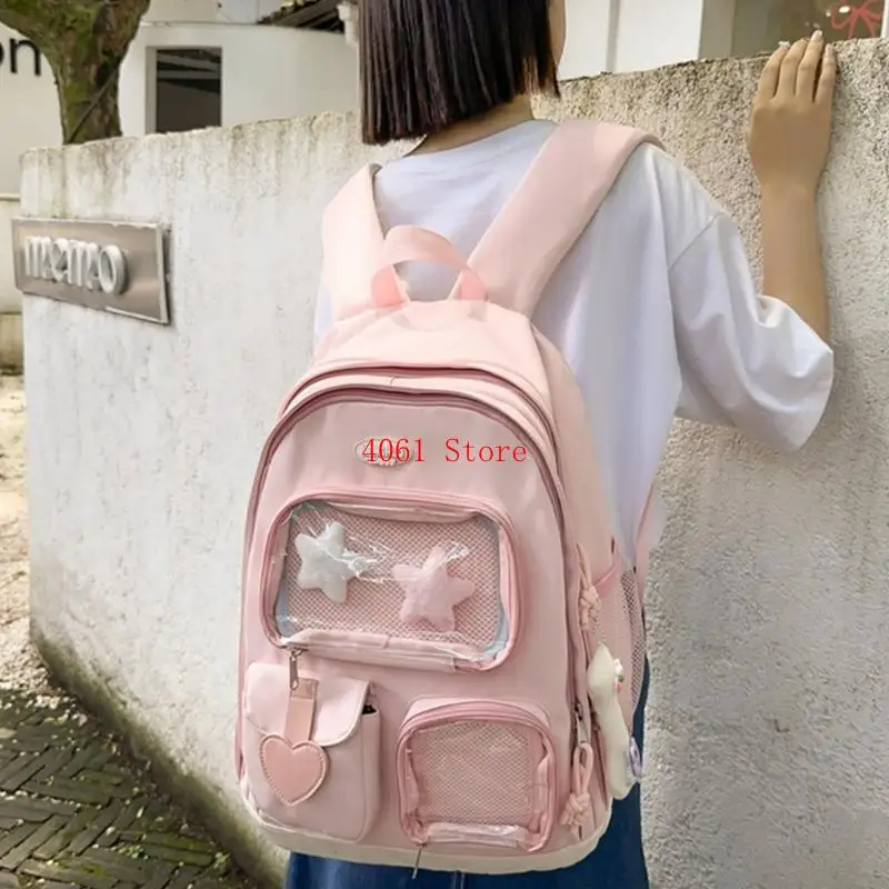 حقيبة ظهر مدرسية للفتيات المراهقات والأولاد مع جيب شفاف على شكل حقيبة ظهر جمالية كورية ذات سعة كبيرة وحقيبة كتب مدرسية #4