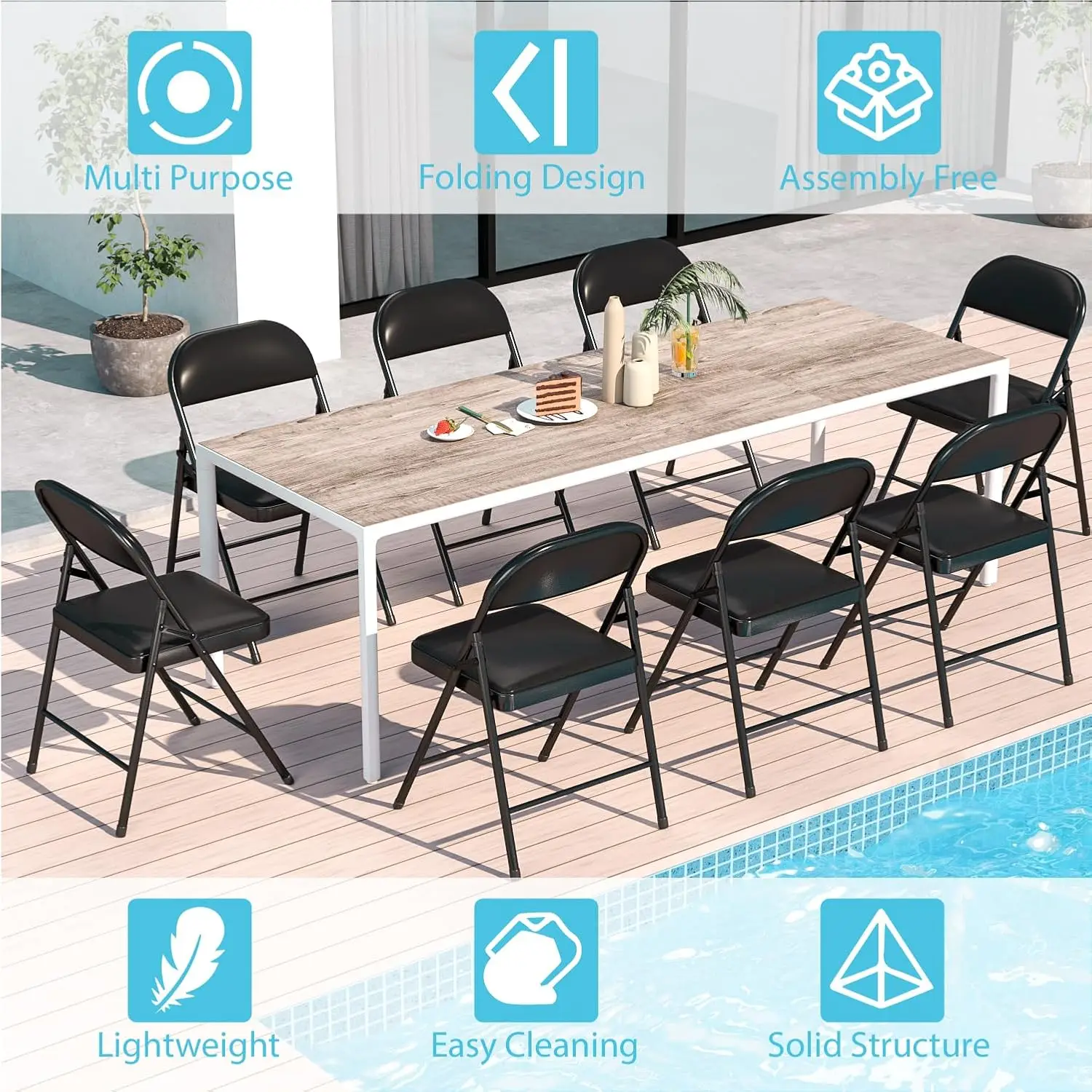 طقم كراسي مبطنة قابلة للطي مكونة من 4 قطع للاستخدام المنزلي والمكتب والخارجي باللون الأسود #6