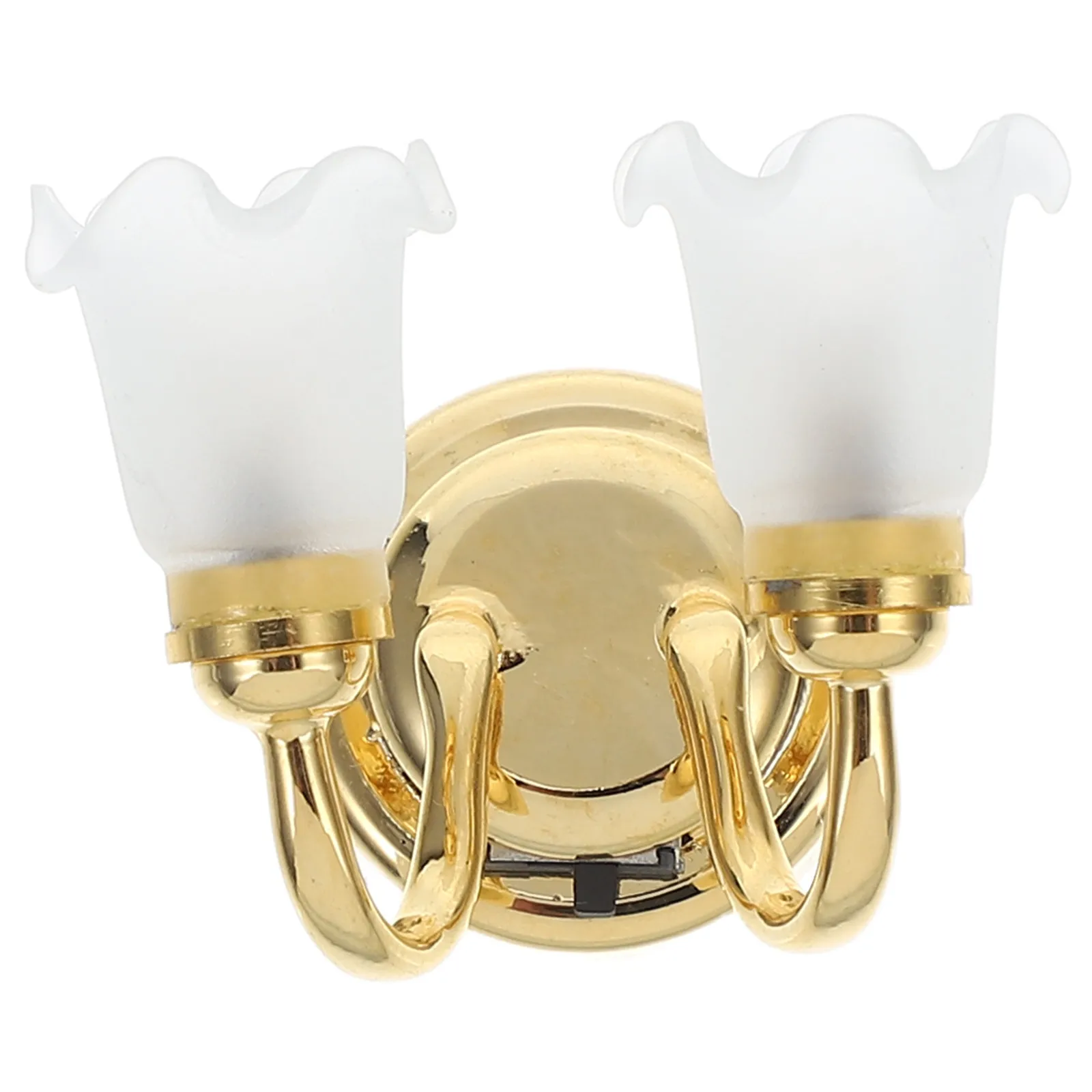 

1:12 Miniature LED Light Double Head Wall Lamp Gold Plated Bud Style Energy Efficient Built-in Battery Operated No Wiring Easy