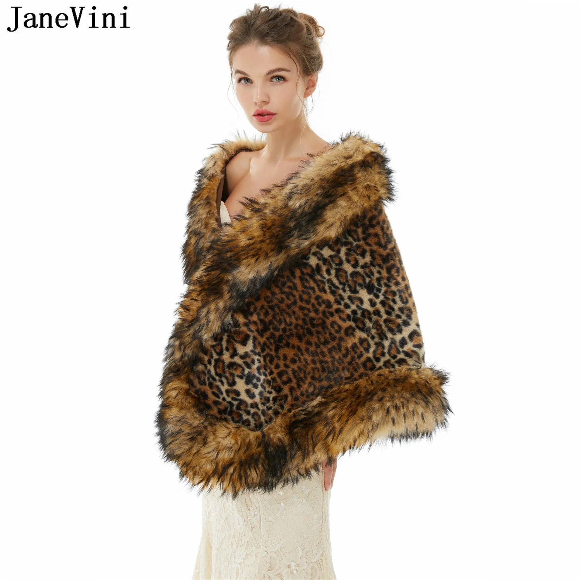 JaneVini 2023 Winter Leopard Bridal Shawl Shrugs Bolero Femme Faux Fur Wedding Capes Bride Wraps Jacket Bolero Fausse Fourrure