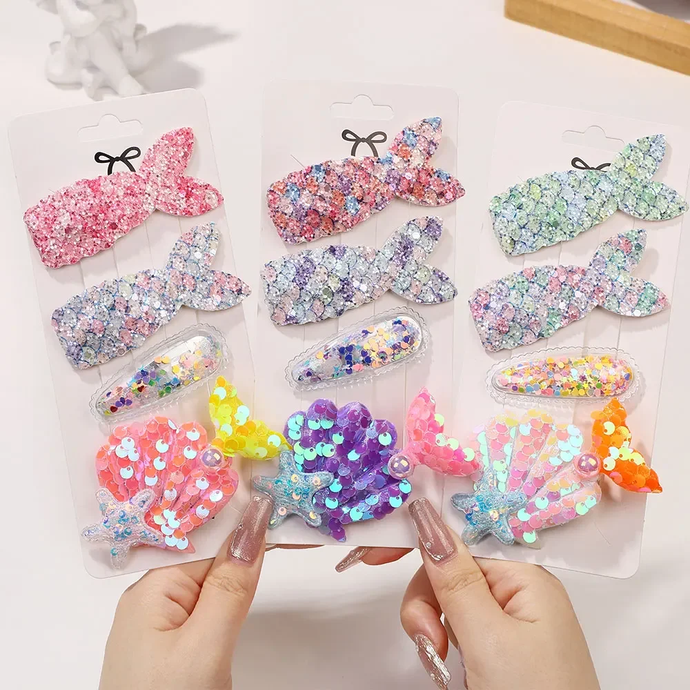 4Pcs Sweet Hair Bangs Clip Set for Baby Girl Fish Tail Printed Butterfly Hairpins Kids BB Clips Barrettes Girls Hair Accessories