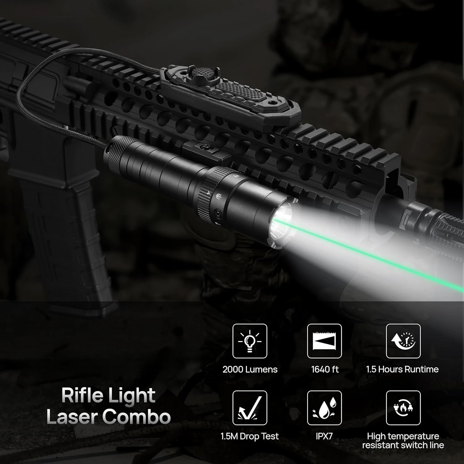 Richfire 2 in 1 Com Rifle Tactical Flashlight Ultra Bright 2000 Lumen White and Green Weapon Light By 18650 Battery for Hunting