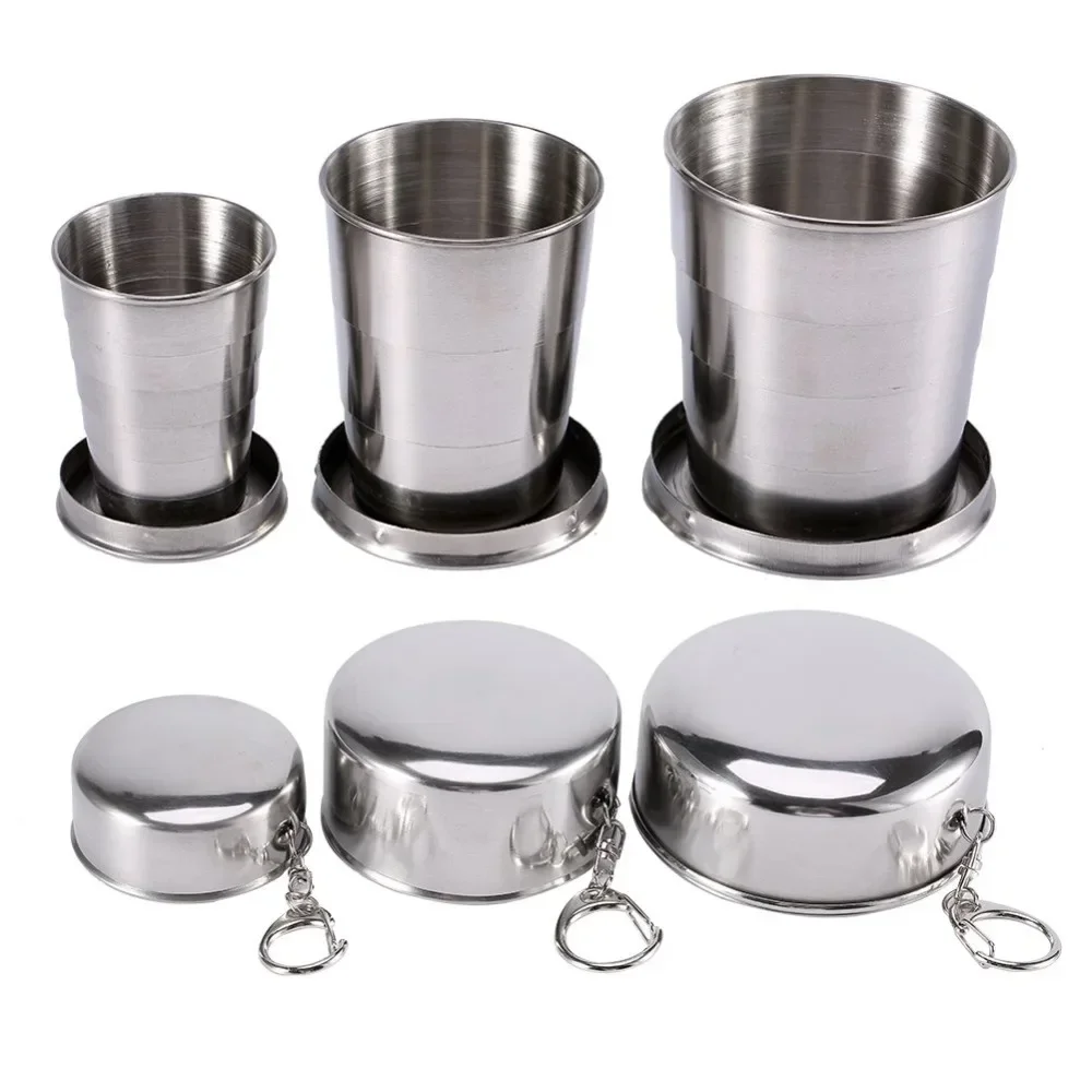 1pc Stainless Steel Mug Portable Camping Folding Cup Demountable Collapsible Cup With Keychain 75ml 150ml 250ml DrinkWare