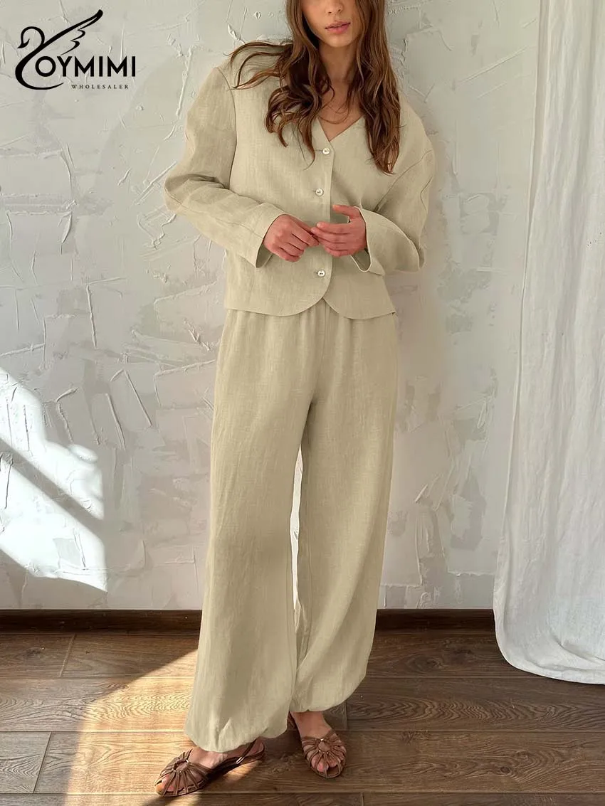 Oymimi 캐주얼 카키 코튼 투피스 세트 여성 패션 브이넥 긴 소매 버튼 셔츠와 심플한 포켓 스트레이트 바지 세트