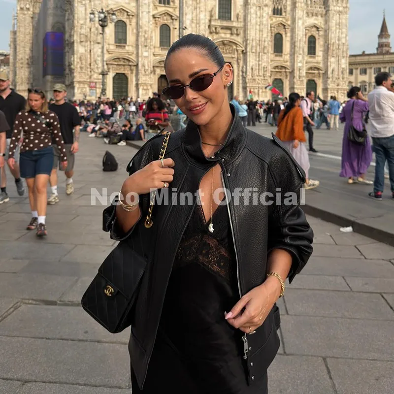 Neo Mint Autumn 2026 New Black PU Leather Jacket Woman Cool Retro Street Fashion Girls Faux Leather Aviator Coat Outerwear Women