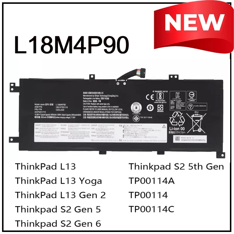 Batería de Repuesto de Iones de Litio L18M4P90 para Portátil Lenovo ThinkPad L13 Yoga S2 Gen 5 Ged 2 / S2 Gen 6 / S2 5th Gen TP00114A