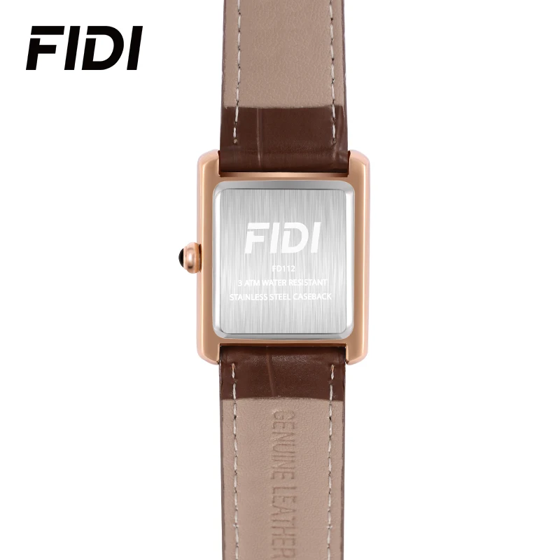 FIDI Women's Quartz Square Watch White Wave Pattern Dial Roman Numerals Leather Strap 30M Water Resistance Elegant Gift FD112