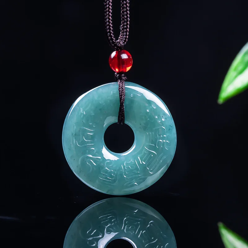 Grade A jadeite blue water heart sutra peace pendant with engraved scriptures for blessing and nostalgic appreciation, exquisite