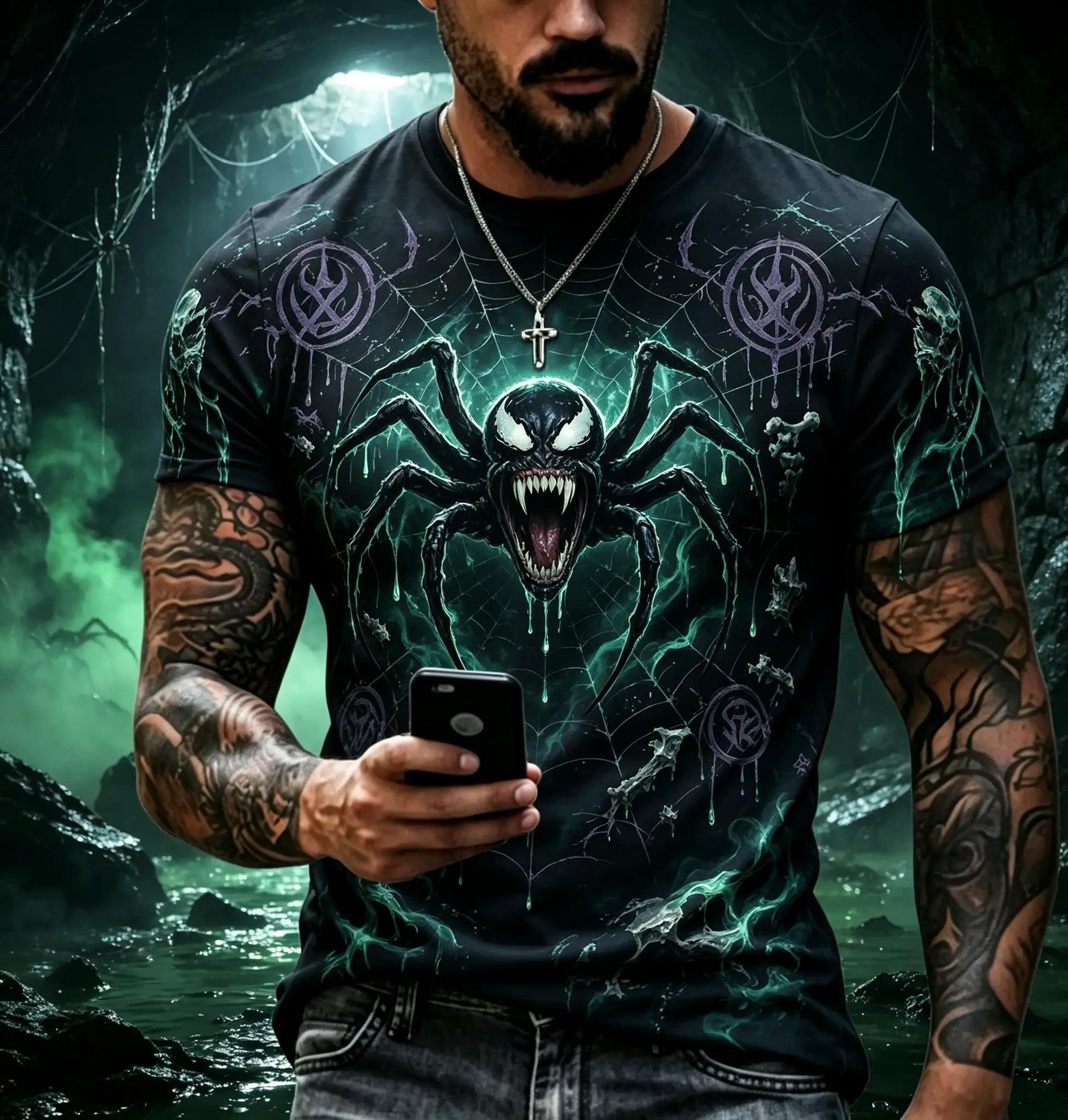 Men's Dark Fantasy 3D Cerberus Hellhound Print T Shirt, Fire Circle Volcano Casual Round Neck Short Sleeve Tops
