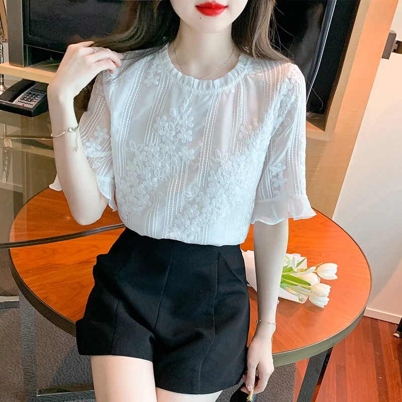 Flare Sleeve Blouse White Shirt Women Summer Sweet and Elegant Blouses Lace Chiffon Ladies Tops Clothing O-neck Shirts for Women