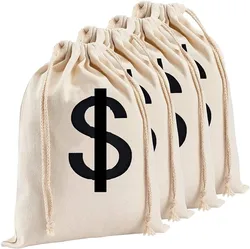 Canvas Money Bags for Party, Costume Money Bag Prop with Dollar Sign, 6.3 x 9 Inches Money Sacks for Halloween Bank Robber Pirat