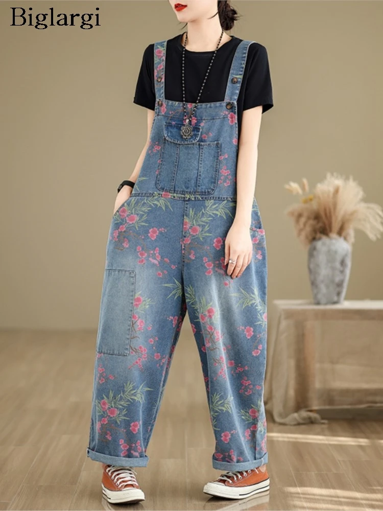 

Flower Print Jeans Overalls Spring Pant Women Wide Leg Loose Pleated Modis Ladies Trousers Casual Oversized Woman Overalls Pants