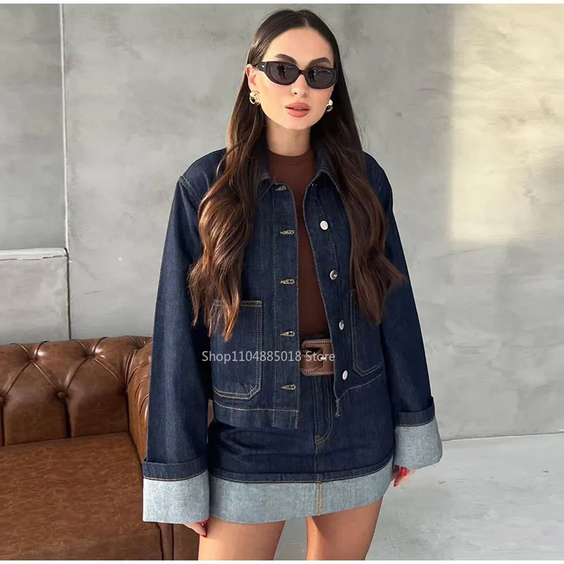 

Denim Patchwork Jacket Skirts Sets Women Long Sleeve Lapel Single Breasted Coat Mini Skirt 2025 Spring Fashion Lady Outfits