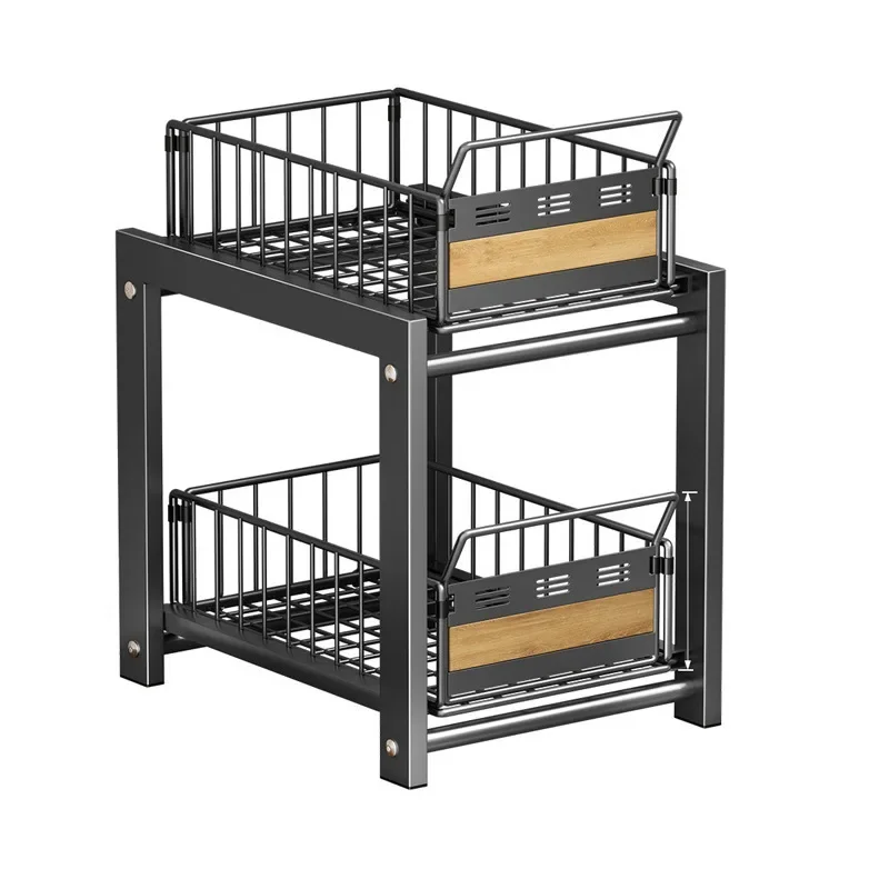 Layered Sink Storage Rack Kitchen Condiment Organizer Pull Basket Shelf Sink Cabinet Storage Efficient Under-Sink