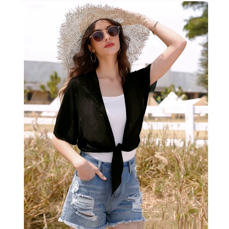 

V Neck Loose Casual Women Chiffon Shirt Summer Short Sleeve Strap Tops Office Female Thin Blouse New Cardigan Simple Twist