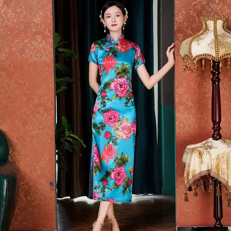 Vintage slanke Chinese traditionele cheongsam korte mouw splitjurk dames lange qipao-jurk 5XL verschillende kleuren