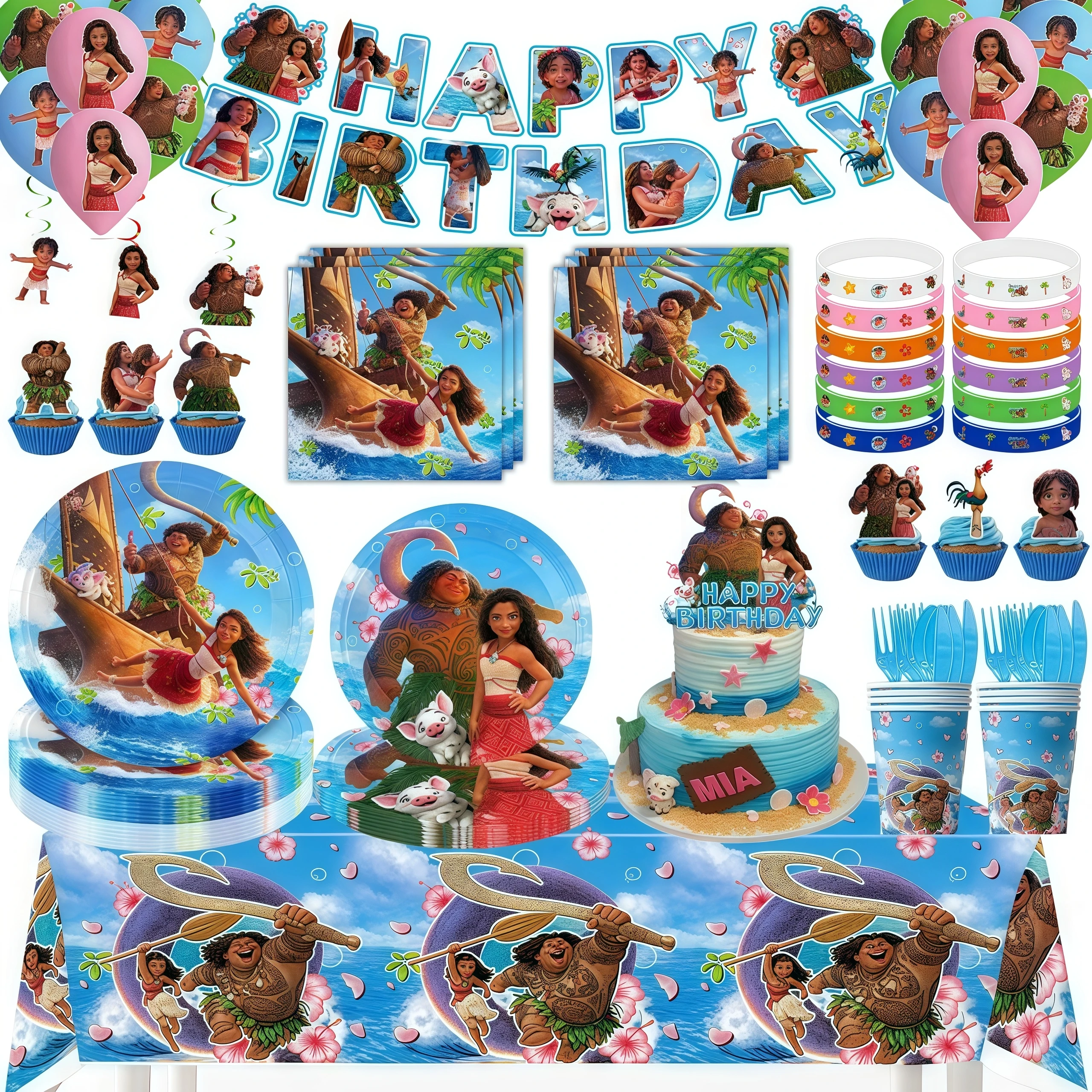 Moana – décoration d'anniversaire, vaisselle, tasse, assiette, gâteau, ballons, sacs cadeaux, thème Vaiana Moana, fournitures de fête prénatale pour filles