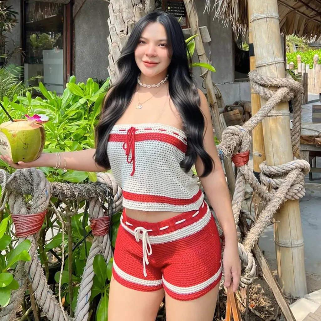 

Women's Wool Two-Piece Suit D25ST195 European American Style Strapless Top with Contrast Striped Shorts Wear Rope Detail