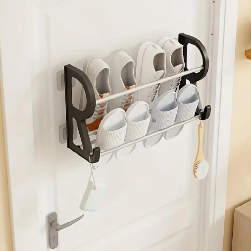 

Wall Mounted Shoe Rack Nail Free Door Back Simple Shoe Shelf Bathroom Drain Slipper Racks Rounded Corner Design Storage Shelf