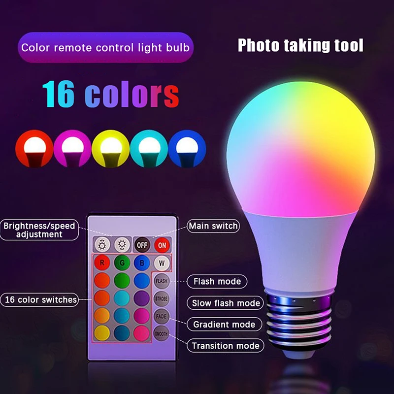 

16 Colors RGB Bulb LED Multicolor Bulb E27 Base 220V Household Lighting Dimmable 24 Key Remote Control Atmosphere Neon Light