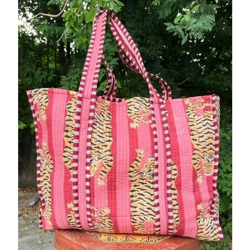 Indian Peach Tiger Printed Quilt Shoulder Bag Women's Beach Cotton Handbag