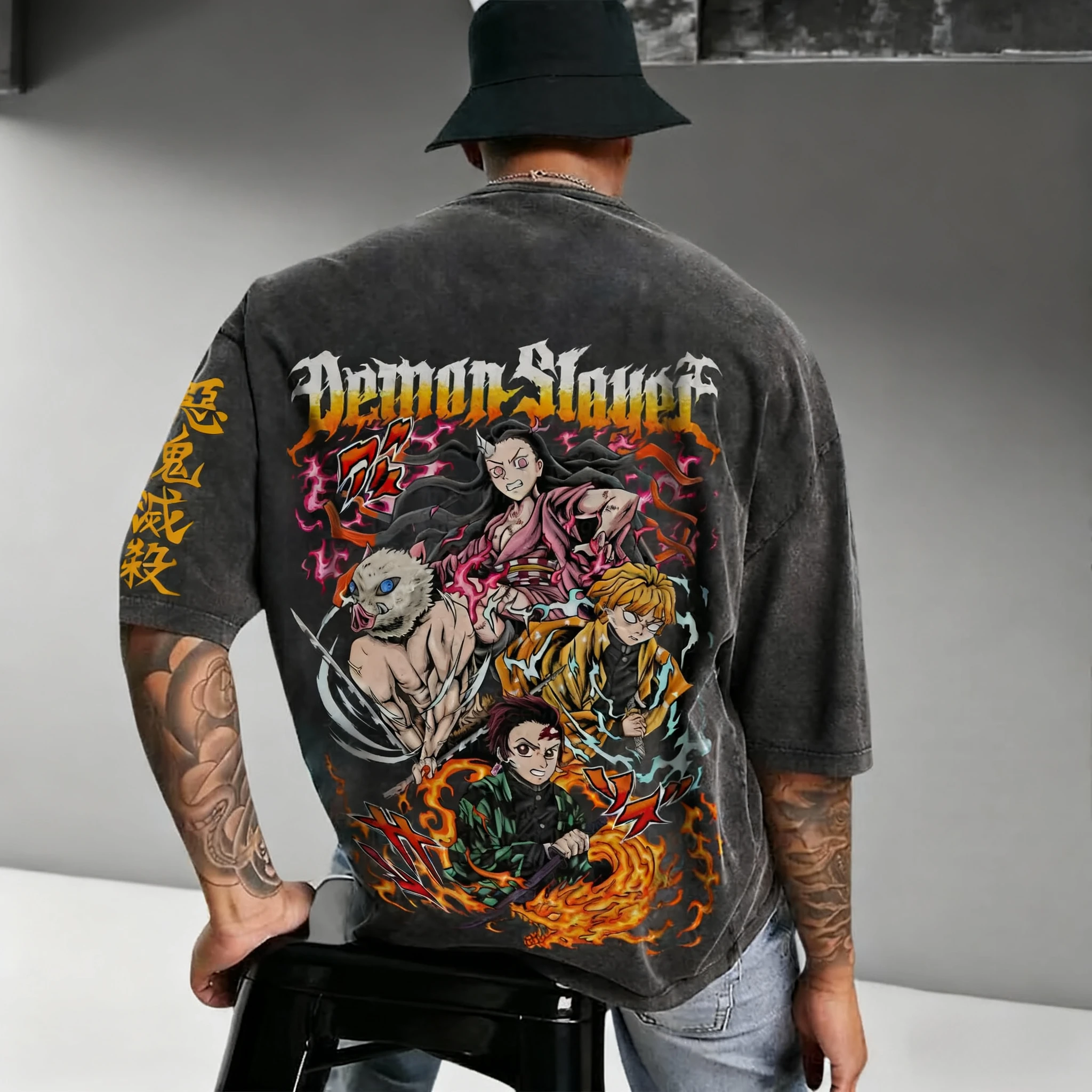 

2025 Demon Slayer Anime Print Washed Short-sleeved Men's and Women's Loose Sporty Summer Retro Round-neck T-shirts