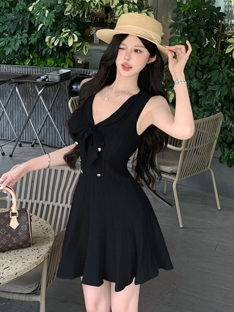 الملابس النسائية Kawaii لطيف سترة تاريخ محبوك فستان أنيق سترة حريمي مزدوجة الصدر القوس سوينغ ثوب الإناث عطلة Vestidos