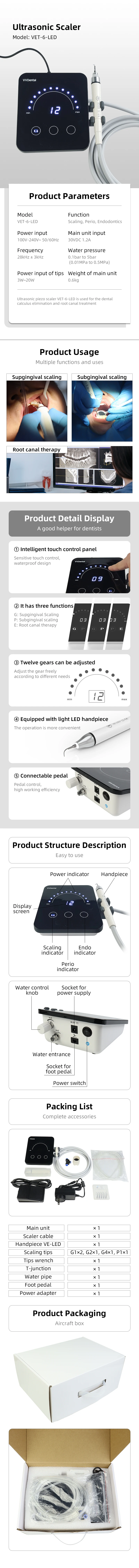VVDental Ultraschall-Scaler, tragbarer Polierer, VET-6-LED-Zahnaufhellungsgerät mit 5 Aufsätzen und LED-Griff, zahnmedizinische Laborwerkzeuge – Detail 2