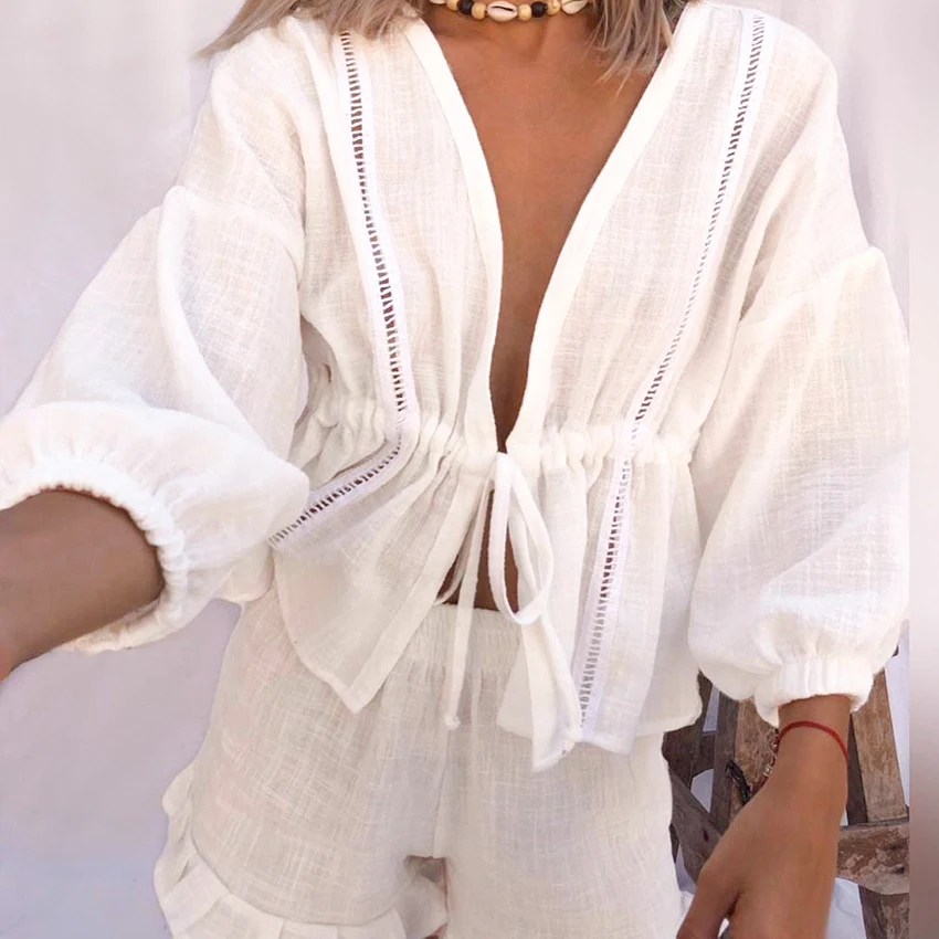 HiLoc White Casual Woven Inelastic Pajamas Two-Piece Set Three Quarter Sleeve Lace-Up Placket Top Elastic Waist Ruffled Shorts