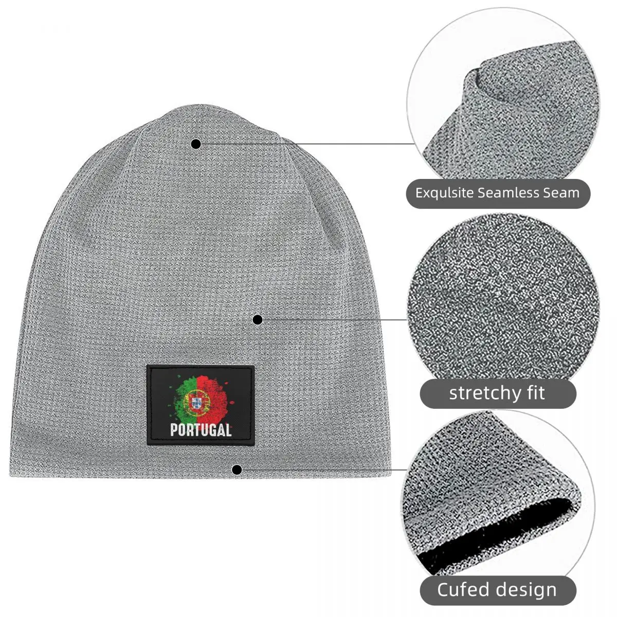 Flag Of Portugal Waffle Knit Fleece Lined Beanie with PU Leather Patch Unisex Warm Winter Soft Cap