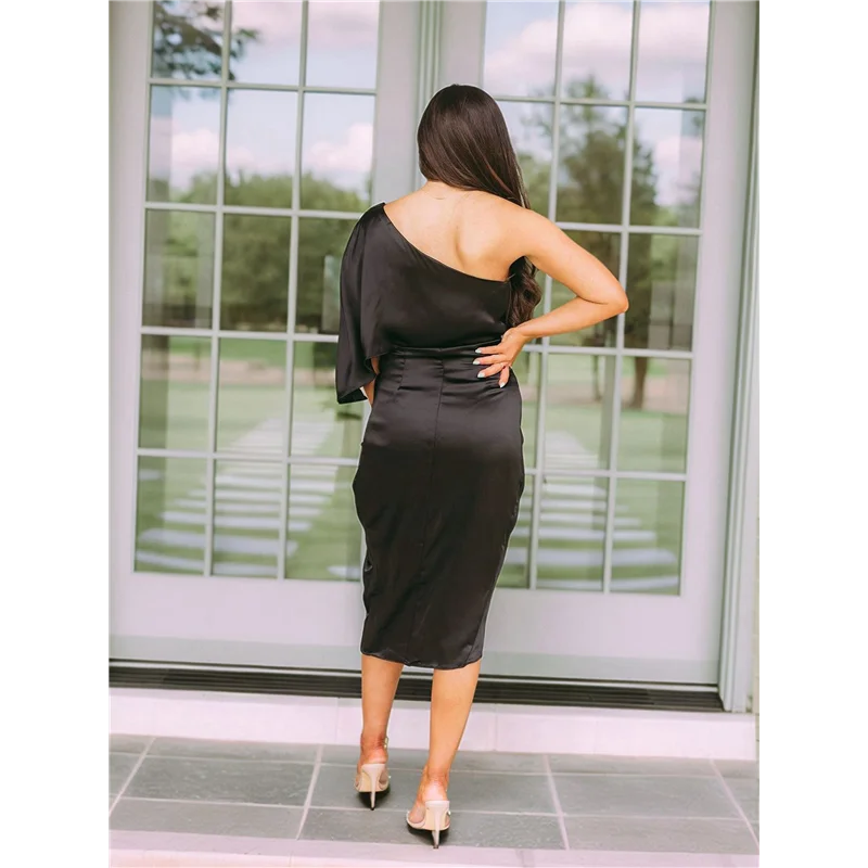 FX-Women's Satin Dress One Shoulder Flutter Short Sleeve Ruched Bodycon Wrap Cocktail Wedding Guest Dresses