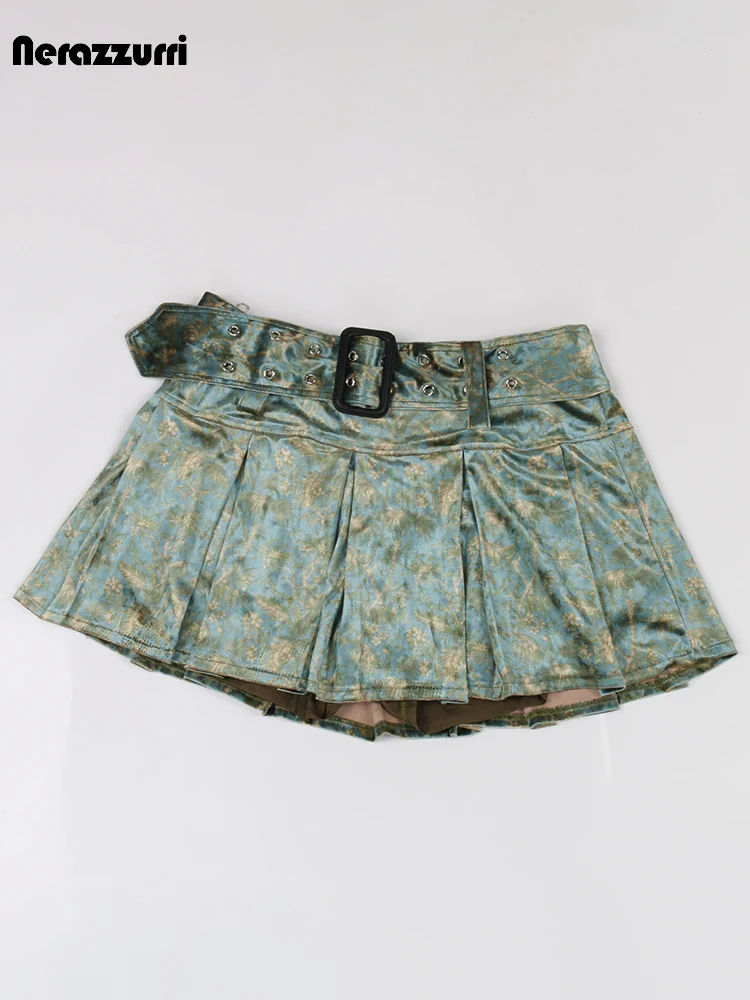 Nerazzurri Summer Short Soft Colorful Floral Print Velvet Mini Pleated Skirt Women High Waist Belt Chic Luxury Designer Clothes