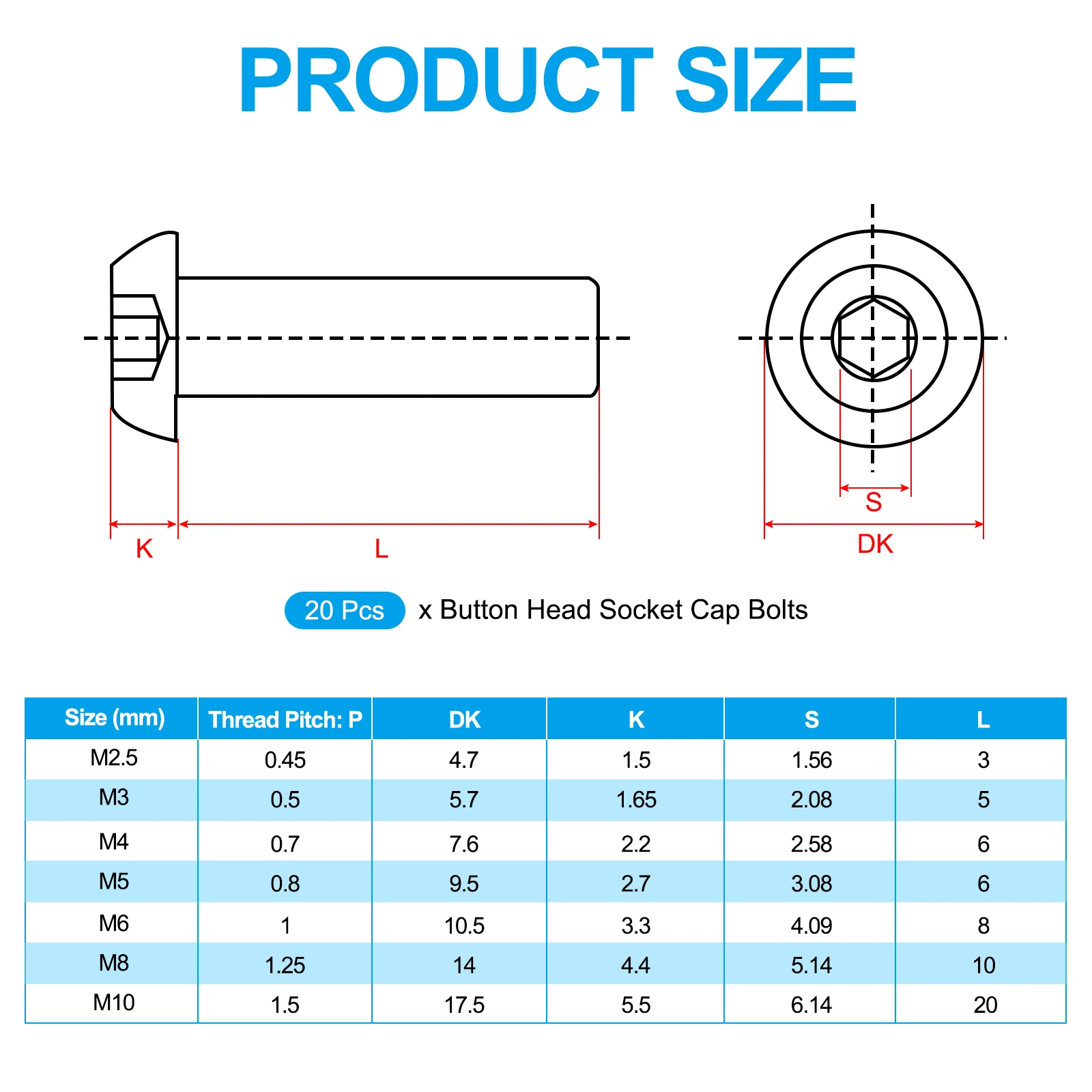 Uxcell 2-100pcs M2.5 M3 M4 M5 M6 M10 Button Head Socket Cap Screws Bolts 304 Stainless Steel 18-8 Length 3mm-80mm