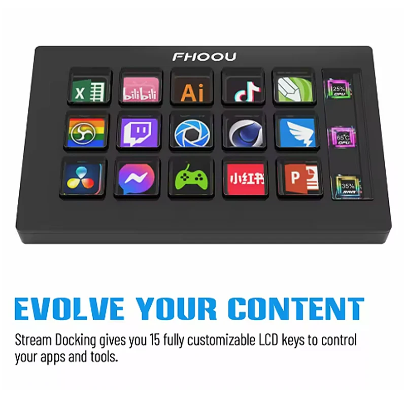 لوحة مفاتيح بصرية صغيرة من StreamDeck مكونة من 15 مفتاحًا، زر LCD لإنشاء المحتوى المباشر، زر مخصص لهدايا Win/MacOS