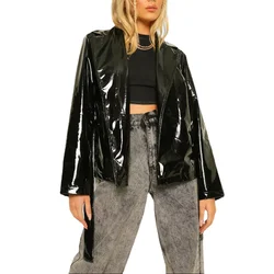 Women's PVC Leather Turn-down Collar Jackets with Belt, Punk Wet Look,Long Sleeve Coats,Women's Clothing Overcoat,Street Fashion