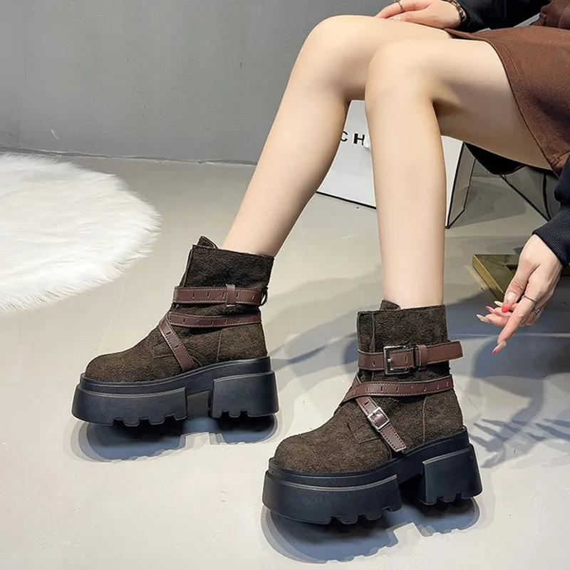 جديد الموضة النسائية الكلاسيكية عادية منتصف العجل الأحذية الجلدية الأحذية امرأة سميكة وحيد جولة تو كعب مربع فارس أحذية بوت قصيرة امرأة #6