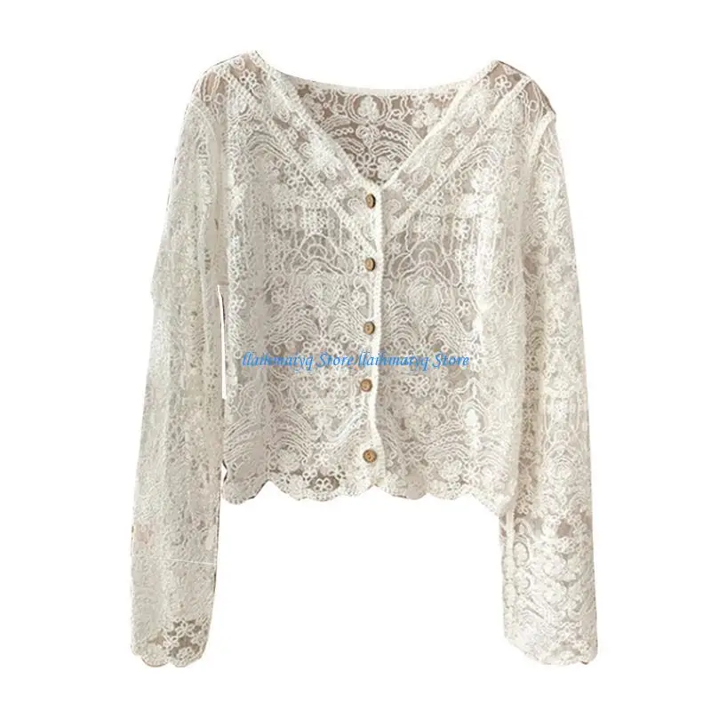 573B Women Lace Long Sleeve Crochet Floral Blouse V-Neck Button Crop Cardigan