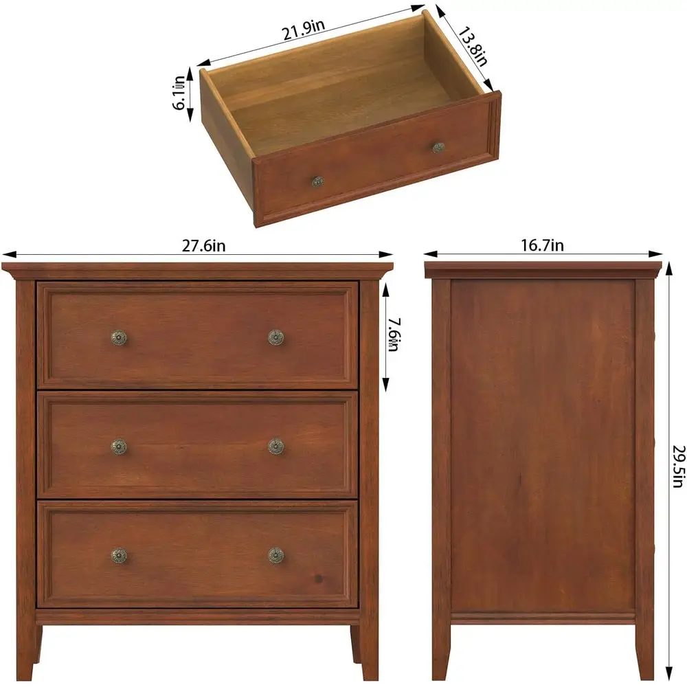 Mesa de cabeceira de madeira maciça Caramel com 3 gavetas e tomada de energia, armário alto para quarto: 16,8D x 27,6L x 26,8H