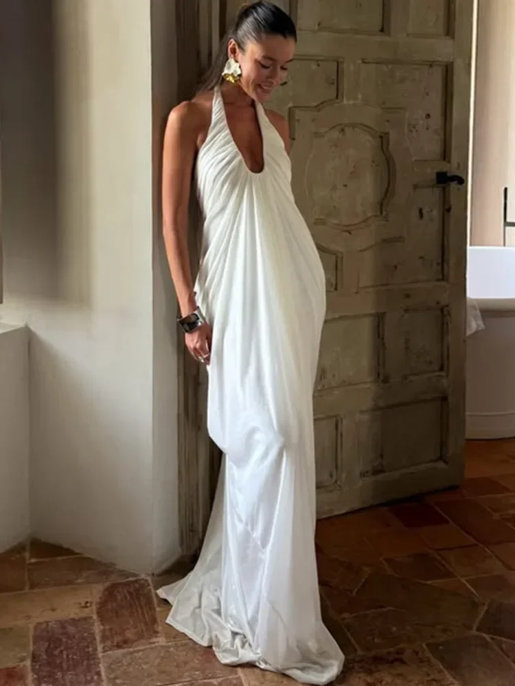 EOENKKY Sexy Backless Sleeveless V-neck Ruched Long Dress Elegant Backless Halter Mesh Dress Bodycon Party Club Evening Dress