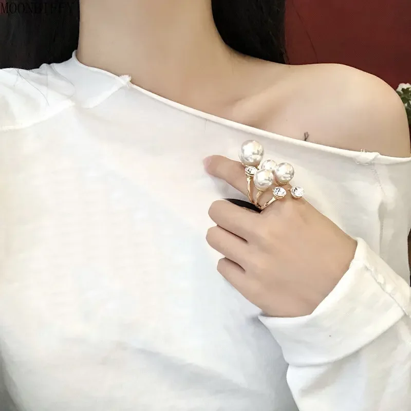 Trendy Oversize Multi Pearl Rings for Women Lady Irregular Crystal Rhinestone Charm Open Ring Korean Wedding Party Jewelry