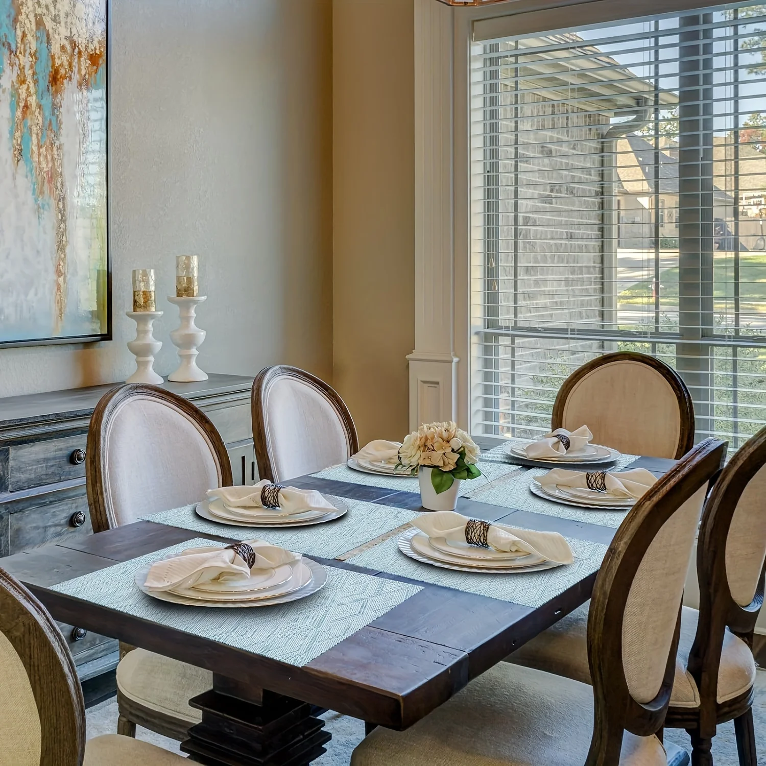 مجموعة مكونة من 2/4/6 قطع، سجادات مكان مقاومة للحرارة باللون الأزرق الفاتح، مفارش طاولة PVC قابلة للغسل، حصيرة مكان بلاستيكية من الفينيل المنسوج بنمط ماسي ثلاثي الأبعاد