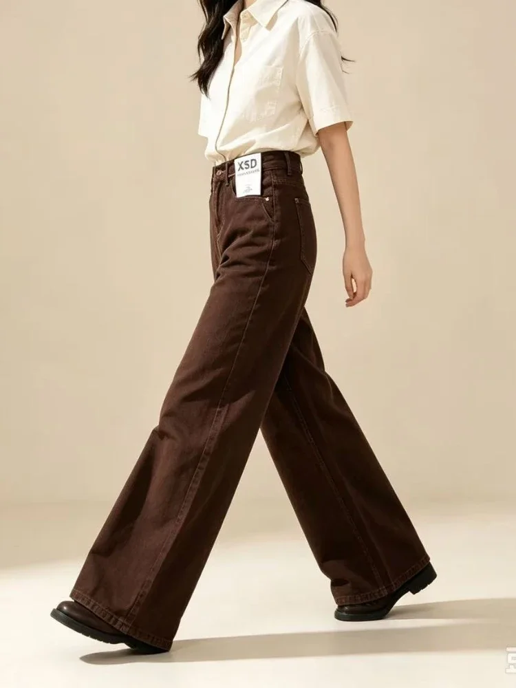 American Retro Coffee Straight Leg Jeans Women's Autumn Winter New High Waisted Loose Casual Wide Leg Pants Fashion Streetwear