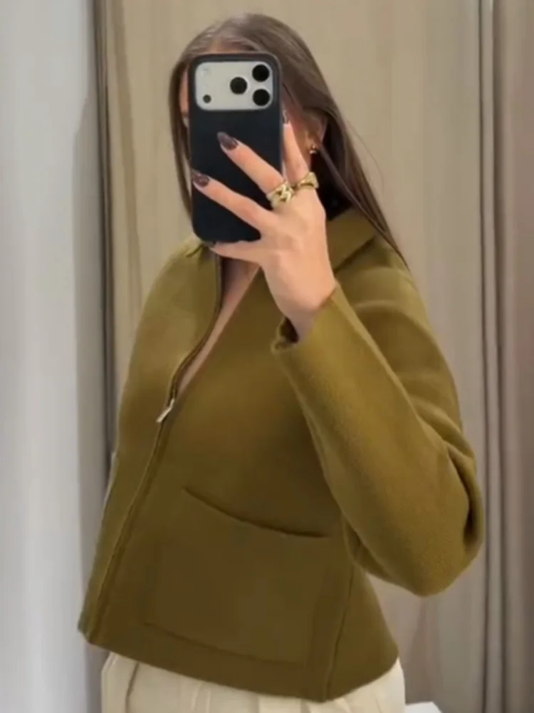 HH Frauen Mode Gestrickte Langarm Jacke Frauen Herbst High Street Casual Taschen Zipper Solide drehen-unten Kragen Pullover