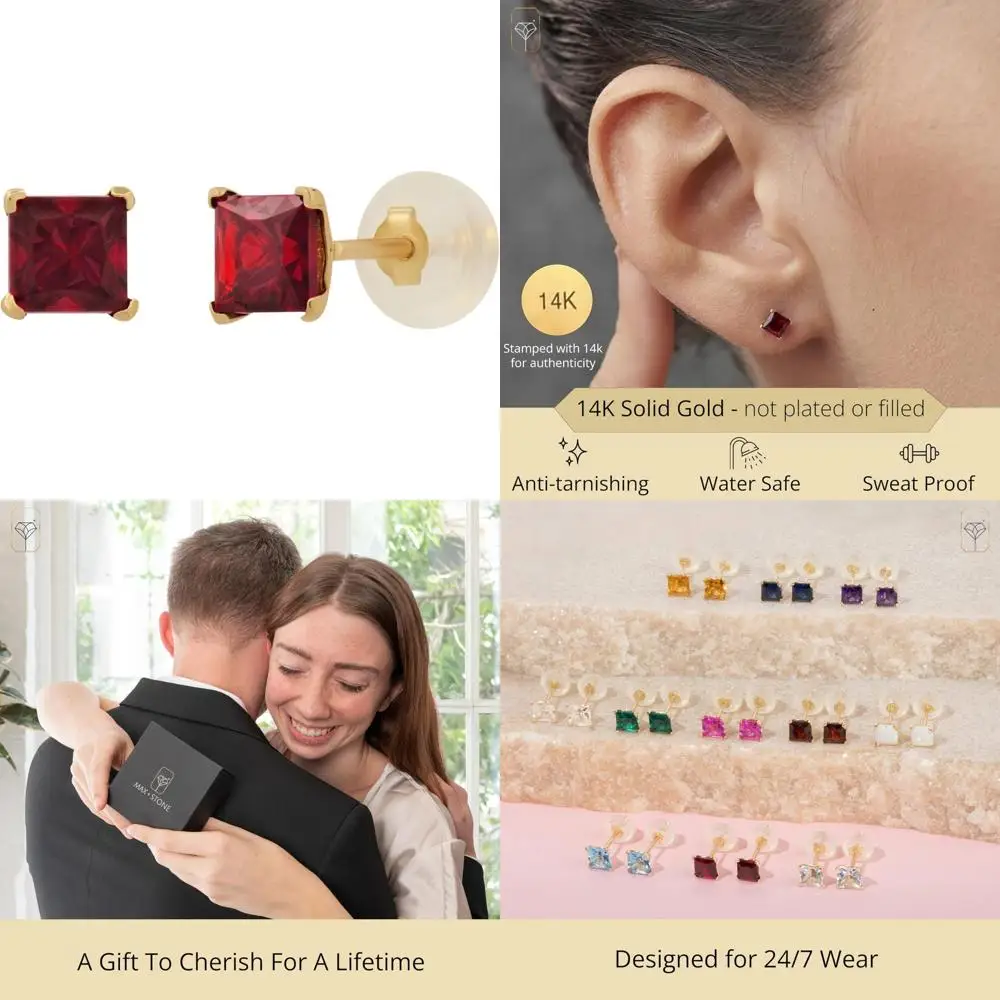 أقراط مربعة من الأحجار الكريمة مقطوعة بالأميرة من الذهب الأبيض أو الأصفر عيار 14 قيراط للنساء، جوهرة ميلاد 4 مم مع ظهر دفع
