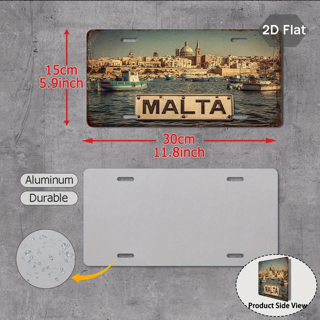 Placa de Matrícula Vintage 2D Plana, 1 Pieza - Diseño de Paisaje Urbano de Malta con Valletta, Palacio del Gran Maestro y Sliema - Grande 29.97x14.99 cm