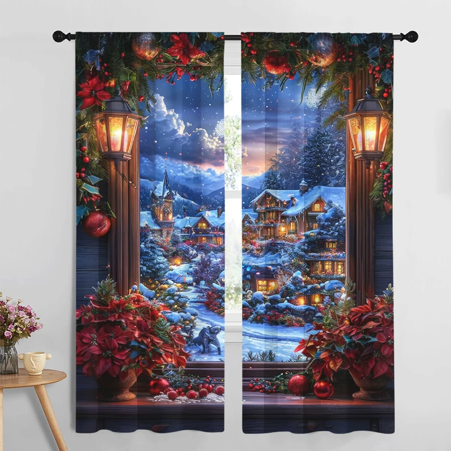 2PCS Christmas Winter Curtains, Window Christmas Town, Digital Print, Bedroom Living Room, Rod Pocket Polyester, Home Decor